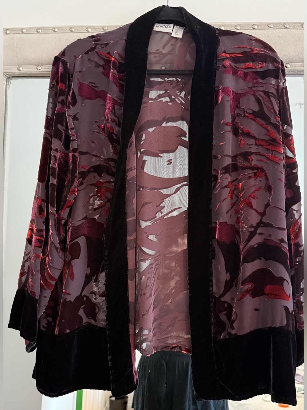 Chico's Open Front Silk Velvet Cardigan Women’s Topper Maroon Black XL